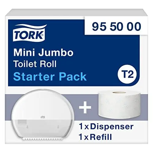 Produktbild: Tork Mini Jumbo Toilettenpapierrolle Starter Pack - 955000 - T2 + Toilettenpapier-Nachfüllpack (170 Meter)
