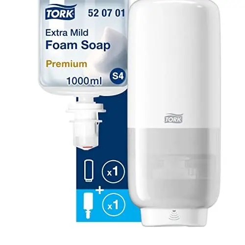 Produktbild: Tork Schaumseifenspender für Schaumseife und Desinfektionsmittel - S4 Spendersystem, Hands-Free Seifenspender, Weiß + Extra milde Schaumseife, 1 x 1000 ml