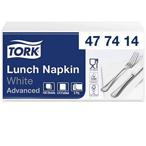Produktbild: Tork Serviette Lunch doux blanc, pliage 1/4, 3 plis, 33 cm x 33 cm, 10 x 150 serviettes, 477414