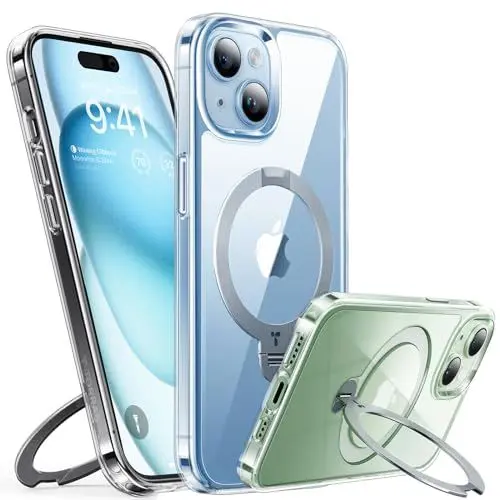Produktbild: TORRAS 360° Ostand Spin für iPhone 15 Hülle (Magnetischer Robust Ständer) Zertifizierte Militärschutz, MagSafe Kompatibel, Stabil für Video/Office Diamant-Klar Anti-Vergilbung Transparent
