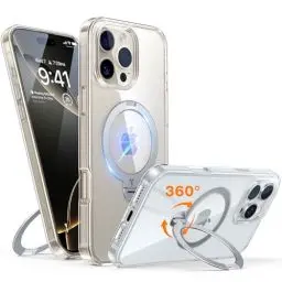 Produktbild: TORRAS 360° Ostand Spin für iPhone 16 Pro Hülle für Magsafe (Magnetischer Robust Standring) Zertifizierte Militärschutz Diamant-Klar Anti-Vergilbung Hülle für iPhone 16 Pro Case Transparent