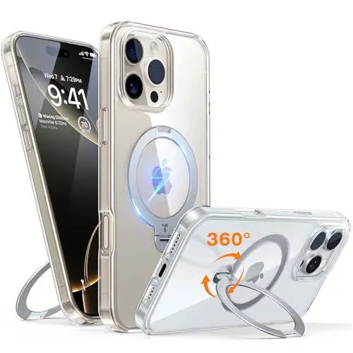 Produktbild: TORRAS 360° Ostand Spin für iPhone 16 Pro Hülle für Magsafe (Magnetischer Robust Standring) Zertifizierte Militärschutz Diamant-Klar Anti-Vergilbung Hülle für iPhone 16 Pro Case Transparent