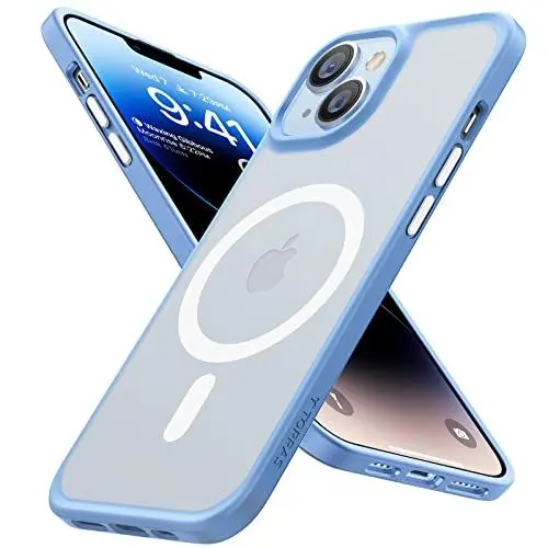 Produktbild: TORRAS Magnetisch für iPhone 14 Hülle (kompatibel mit MagSafe) Matt Ölabweisend (Zertifizierter Militärischer Schutz) Handyhülle case, Guardian-Mag-Serie mit 3 Abnehmbaren Knöpfen Babyblau