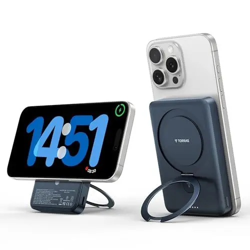 Produktbild: TORRAS 10000mAh Magnetische Power Bank mit Magsafe Schnellladung und O Ständer, Portable Battery Charger 22.5W PD Wireless Schnell PowerBank, für iPhone 16 Pro Max, Pro,15,14,13,12, Schwarz