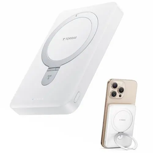 Produktbild: TORRAS 10000mAh Magnetische Power Bank mit Magsafe Schnellladung und O Ständer, Portable Battery Charger 22.5W PD Wireless Schnell PowerBank, für iPhone 16 Pro Max, Pro,15,14,13,12, Weiß