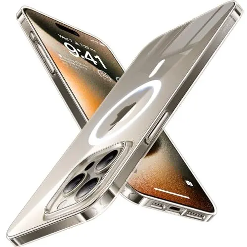 Produktbild: TORRAS Ultra Dünn 2024 Neu für iPhone 15 Pro Hülle für MagSafe (Nr. 1 Magnetkraft & Absolut Nicht Gelb) Extrem Stoßfest Kratzfest iPhone 15 Pro Case Samtiger Griff Slim Handyhülle Transparent