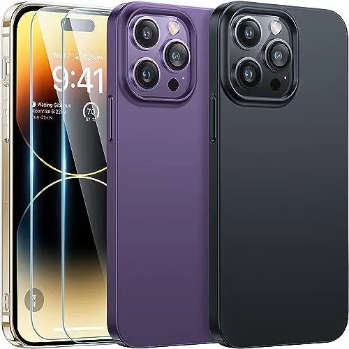 Produktbild: TORRAS Meister der Dünnheit für iPhone 14 Pro Hülle (mit 2 Schutzglas) Rundumschutz Exzellente Samtiger Griff Handyhülle iPhone 14 Pro Case Schutzhülle Slim Schwarz