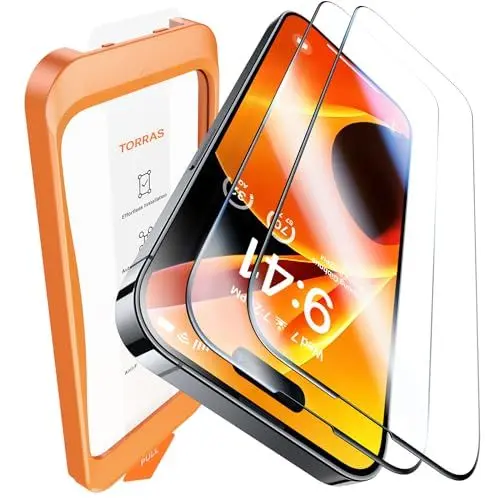 Produktbild: TORRAS Full Screen für iPhone 15 Pro für Panzerglas TOP Bruchsicherheit Schutzglas iPhone 15 Pro Schutzfolie 9H+ Folie (Auto-Installation) Anti-Fingerabdruck, 2 Stück