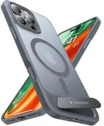 Produktbild: TORRAS für iPhone 16 Pro Hülle für MagSafe mit Titan Flügelständer Zertifizierte Magnetkraft Militärschutz Handyhülle iPhone 16 Pro Case Stoßfest Kratzfest Hardcase Handy Hülle Grau