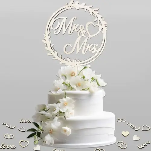 Produktbild: Tortendeko Hochzeit, 1 Stück Mr Mrs Cake Topper Holz & 40 Stück Holz Liebe Tischdeko, Mr & Mrs Tortenstecker Deko Hochzeit, Hochzeitstorte Topper für Hochzeit Party