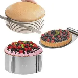 Produktbild: 4smile Tortenzubehör - Edelstahl Torten Schneidehilfe Set, 4 Teile - Tortenboden Schneidehilfe + Konditormesser + Tortenheber + Tortenring verstellbar hoch 8,5 cm - Kuchen Schneidehilfe Set