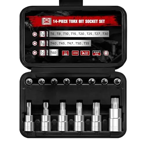Produktbild: Torx-Bit-Steckschlüsselsatz, 14-teilig, Star T6 - T60 Set, 1/4 Zoll, 3/8 Zoll, 1/2 Zoll Antrieb, Premium S2 Legierung Stahl Bits, verbesserter Aufbewahrungskoffer