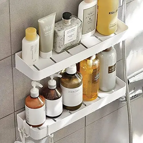 Produktbild: Toski Duschablage Ohne Bohren 30CM Breit, Duschablage zum Hängen, Badezimmer Regal Weiß 2 Stück, Duschorganisator mit 6 Haken, Duschregal Wandablage für Bad und Küche Organizer