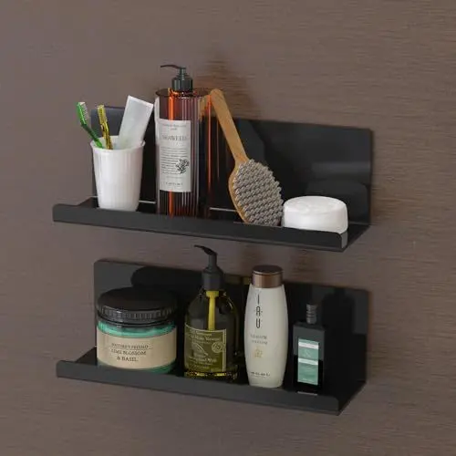Produktbild: Toski Wandregal Ohne Bohren, Regal Wand Acryl 2 Stück, Schweberegal Schwarz 30cm, Küchenregal Hängend zum Kleben, Schwebendes Bücherregal, Bilderleiste, Kleberegal Bad, Wall Shelf