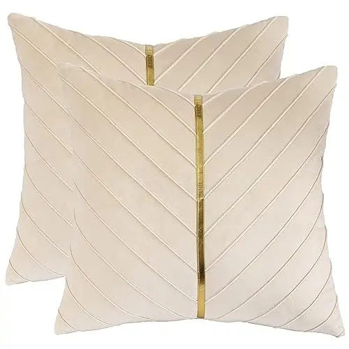 Produktbild: Tosleo 2 Stück Samt Kissenbezüge 50x 50 cm Dekorative Kissenhülle mit Gold Leder Luxus Moderne für Wohnzimmer Schlafzimmer Sofa Kissen Bett Creme