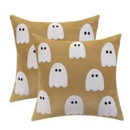 Produktbild: Tosleo 2 Stück Halloween Kissenbezüge Gestickter Geist Dekoration Kissenbezug aus Samt 40 x 40cm Lendenkissen Khaki für Party Halloween Indoor Outdoor Decor Couch Überwurf Kissen Fälle Sofa