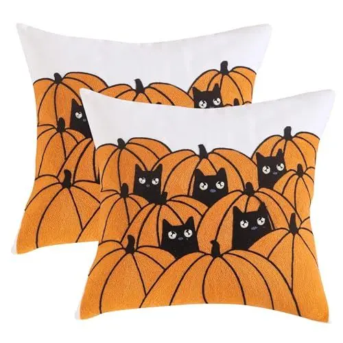 Produktbild: Tosleo 2 Stück Halloween Kissenbezug 45 x 45 cm Stickerei Tufting Kürbis und Katze Halloween Dekoration Sofakissen für Wohnzimmer Sofa Garten Schlafzimmer Outdoor Zierkissen Couchkissen