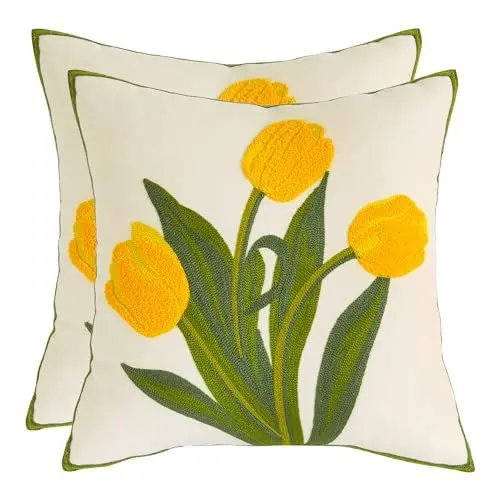Produktbild: Tosleo 2 Stück kissenbezüge Bestickte Dekorative Kissenhülle Gelbe Tulpe 45x45cm Blume Kissenbezug Wurfkissenbezüge für Gartenlounge Sofa Dekokissen Wohnzimmer Schlafzimmer Bauernhaus