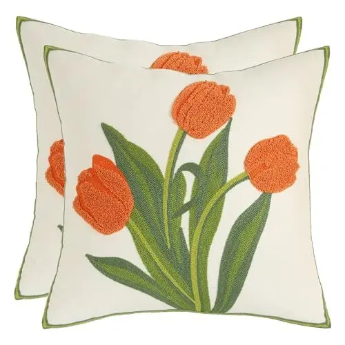 Produktbild: Tosleo 2 Stück kissenbezüge Bestickte Orange Tulpe Kissenhülle 45x45cm Blume Kissenbezug Wurfkissenbezüge für Gartenlounge Sofa Dekokissen Wohnzimmer Schlafzimmer Bauernhaus Garten