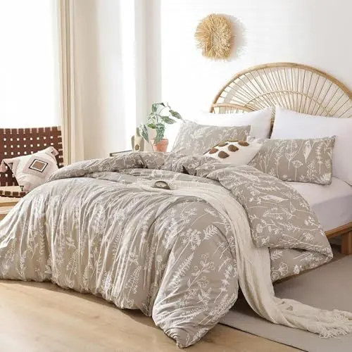 Produktbild: Tospass Bettwäsche 135x200 4 Teilig Blumen Blätter Pflanzen Muster Khaki Beige Bettwäsche Set Floral Bettbezug Mikrofaser Wende Bettwäsche 2 Deckenbezug mit Reißverschluss 2 Kissenbezug 80x80 cm