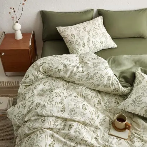 Produktbild: Tospass Blumen Bettwäsche 220x240 cm Olivgrün Weiß Blätter Pflanzen Muster Bettwäsche Set Floral Bettbezug Mikrofaser Wende Bettwäsche 1 Deckenbezug mit Reißverschluss 2 Kissenbezug 80x80 cm
