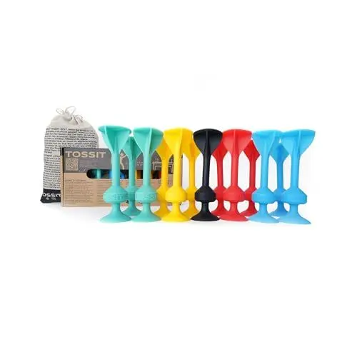 Produktbild: TOSSIT Spiel Saugnapf Darts, Indoor Outdoor Drinnen Draußen, Boccia, Petanque, Wurfspiel, Nachhaltig langlebig Silikon, Boden oder Wand, Family Pack, Rot Cyan Blau Gelb