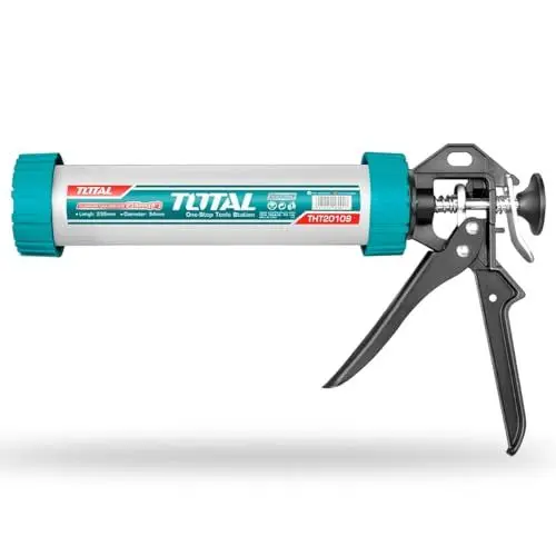 Produktbild: TOTAL - Silikonpistole - Mit geschlossenem Applikator - Versiegelt und repariert Fugen und Ecken - Bequemer Aluminiumgriff - Länge 235 mm