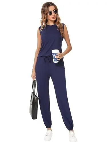 Produktbild: Totatuit Baumwolle Damen Tracksuit Rundhalsausschnitt Einfarbig Zweiteiler Hausanzug Loungewear Outfit Jogger Trainingsanzug Set