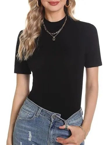 Produktbild: Totatuit Damen 2024 Stehkragen Pullover Frühling Sommer Herbst Winter Strick Shirt Kurzarm Casual Blusen Rundhals Tops