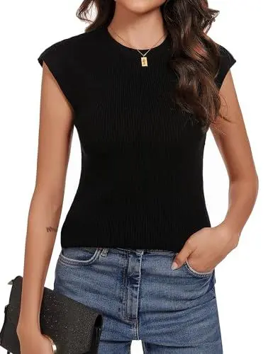 Produktbild: Totatuit Damen Pullover mit Rundhals Elegante Oberteile Einfarbig Tank Top mit Flügelärmeln Schwarz M