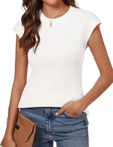 Produktbild: Totatuit Damen Pullover mit Rundhals Elegante Oberteile Einfarbig Tank Top mit Flügelärmeln Weiß M