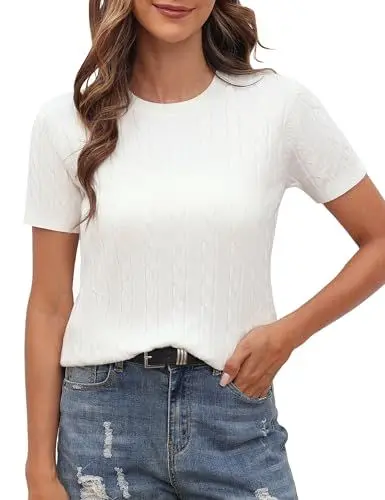 Produktbild: Totatuit Elegant Tops Damen Pullover Damen T-Shirt Kurzarm Strick Oberteile Pullover Kurz Pulli Rundhals Pullover Originalweiß XL