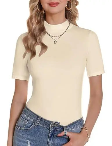 Produktbild: Totatuit Stehkragen Pullover Damen Elegant Strick T-Shirt Casual Slim Fit Kurzarm Mode Shirt für Frauen