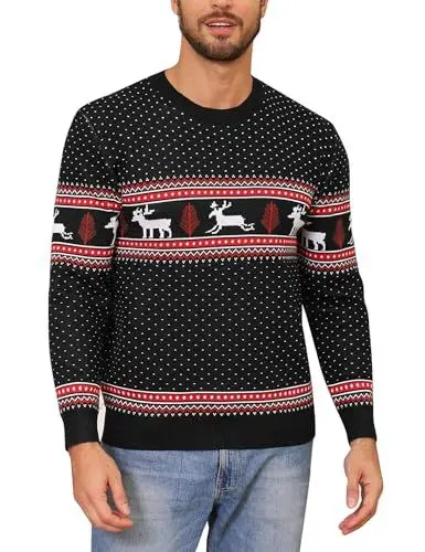 Produktbild: Totatuit Weihnachten Pullover Herren Lang Strickpulli Christmas Reindeer Strickpullover Unisex Rundhals Jumper für Party Schwarz-Herren M