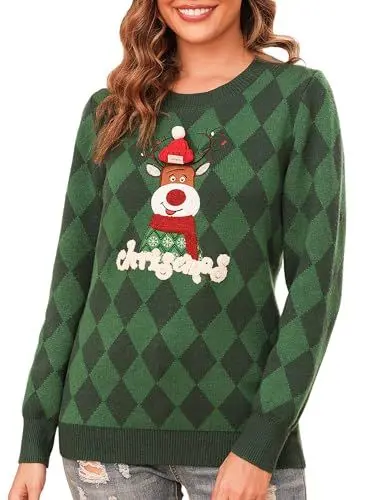 Produktbild: Totatuit Weihnachtspullover Damen Herren Lustig Weihnachtspulli Ugly Christmas Sweater Rundhals mit Reindeer Unisex Weihnachts Pullover Pärchen Weihnachtsoutfit Damen-Grün L