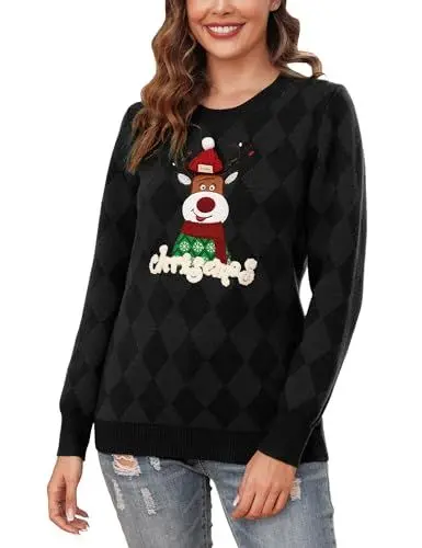 Produktbild: Totatuit Weihnachtspullover Damen Herren Lustig Weihnachtspulli Ugly Christmas Sweater Rundhals mit Reindeer Unisex Weihnachts Pullover Pärchen Weihnachtsoutfit Damen-Schwarz S