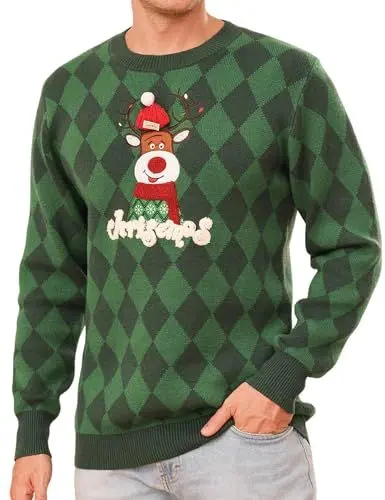 Produktbild: Totatuit Weihnachtspullover Damen Herren Lustig Weihnachtspulli Ugly Christmas Sweater Rundhals mit Reindeer Unisex Weihnachts Pullover Pärchen Weihnachtsoutfit Herren-Grün XXL