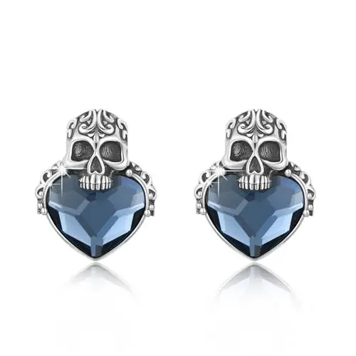 Produktbild: Totenkopf Ohrringe 925 Sterling Silber Totenkopf Ohrstecker mit Blauem Kristall Schädel Goth Ohrringe Männer Frauen Halloween Schmuck Weihnachten Geschenke für Männer Frauen Mädchen