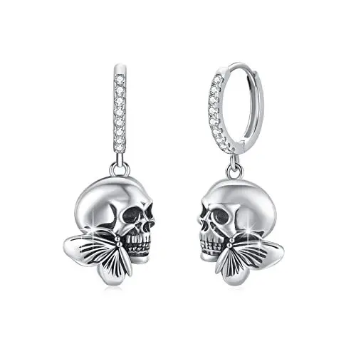 Produktbild: Totenkopf Ohrringe Damen 925 Sterling Silber Totenkopf Creolen Totenkopf Huggie Creolen mit Schmetterling Gothic Ohrringe Halloween Schmuck Totenkopf Geschenke Für Damen Herren