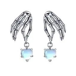 Produktbild: Totenkopf-Ohrringe Sterlingsilber Skelett-Hand Mondstein Baumelnde Ohrringe Totenkopf-Hand Gotik-Schmuck Geschenke für Frauen