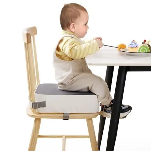 Produktbild: TOTIDYH SitzerhöHung Stuhl Kind PU Waschbar Zerlegbar 10cm SitzerhöHung Sitzkissen Kinder mit 2 Sicherheitsschnalle Gurt Tragbare KindersitzerhöHung Rutschfeste StuhlerhöHung Kinder (Grau)