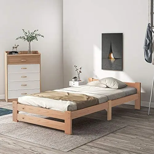 Produktbild: TOTITOM Solide Massivholzbett Futonbett Massivholz Natur Bett aus mit Kopfteil und Lattenrost, Natur (200x90cm)