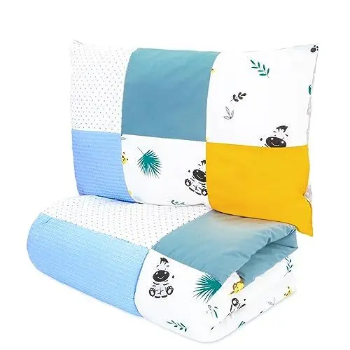 Produktbild: Kinder Bettdecke ohne Bezug 100x135 cm - Baumwolle Baby Decke und Kissen Set Kinderdecke 100 x 135 und Kopfkissen 60 x 40 - Bettdecken Kinderbettdecke für Babybett Patchwork Safari Mango