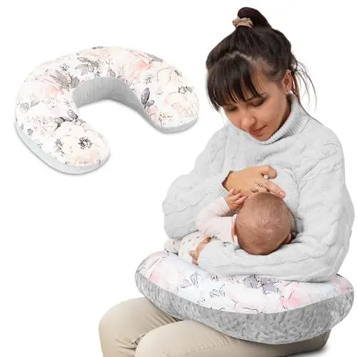 Produktbild: Totsy Baby Stillkissen klein Mond Minky 130 cm - Nursing und Breastfeeding Pillow Stillmond Stützkissen Stillhörnchen kleines Still Kissen und Lagerungskissen beim Stillen Wilde Rose Grau