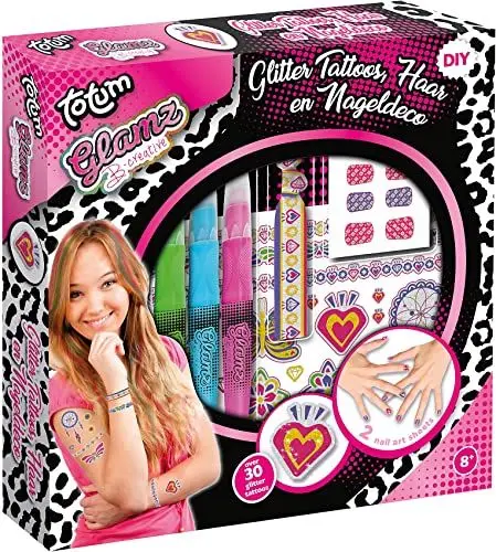 Produktbild: Totum Glamz Kreativset: Glitzertattoo-, Haar- und Nagelset, 3 verschiedene Haarkreidefarben, Ibiza-Elastikband, 50 Glitzertattoos, 48 Nagelsticker, 50020
