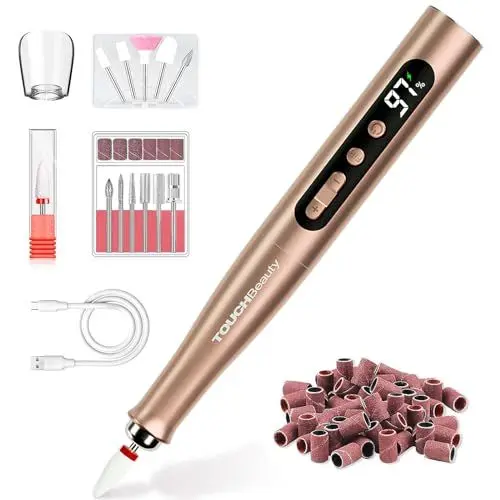 Produktbild: TOUCHBeauty Elektrische Nagelfeile Set Kabellos-Nagelfräser Nail Drill mit 5 Geschwindigkeiten, LCD-Display, Leise & Staubgeschützt für Maniküre und Pediküre (Gelnägel, Acryl) - USB-Aufladbar