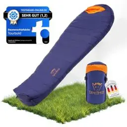 Produktbild: Tourbold Daunenschlafsack Outdoor | 3 Jahreszeiten | Ultraleicht (1250 g) | Kleines Packmaß | Extra Langer Reißverschluss | Komfort-Schnitt | Mumienschlafsack | Camping Trekking Bergsteigen