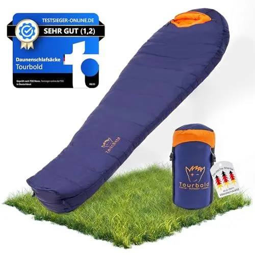 Produktbild: Tourbold Daunenschlafsack Outdoor | 3 Jahreszeiten | Ultraleicht (1250 g) | Kleines Packmaß | Extra Langer Reißverschluss | Komfort-Schnitt | Mumienschlafsack | Camping Trekking Bergsteigen