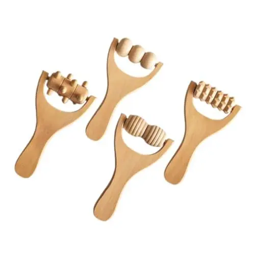 Produktbild: TOVINANNA 4 Teiliges Massagewerkzeug Set Fußmassageroller Für Rücken Nacken Beine Und Arme Entspannung Und Schmerzlinderung Mit Holztherapie Massagegeräten