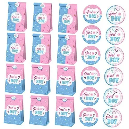 Produktbild: TOVINANNA Partytüten Zur Enthüllung Des Geschlechts Mit Aufklebern – 12 Papiertüten + 18 Aufkleber – Babyparty- Partyzubehör-set